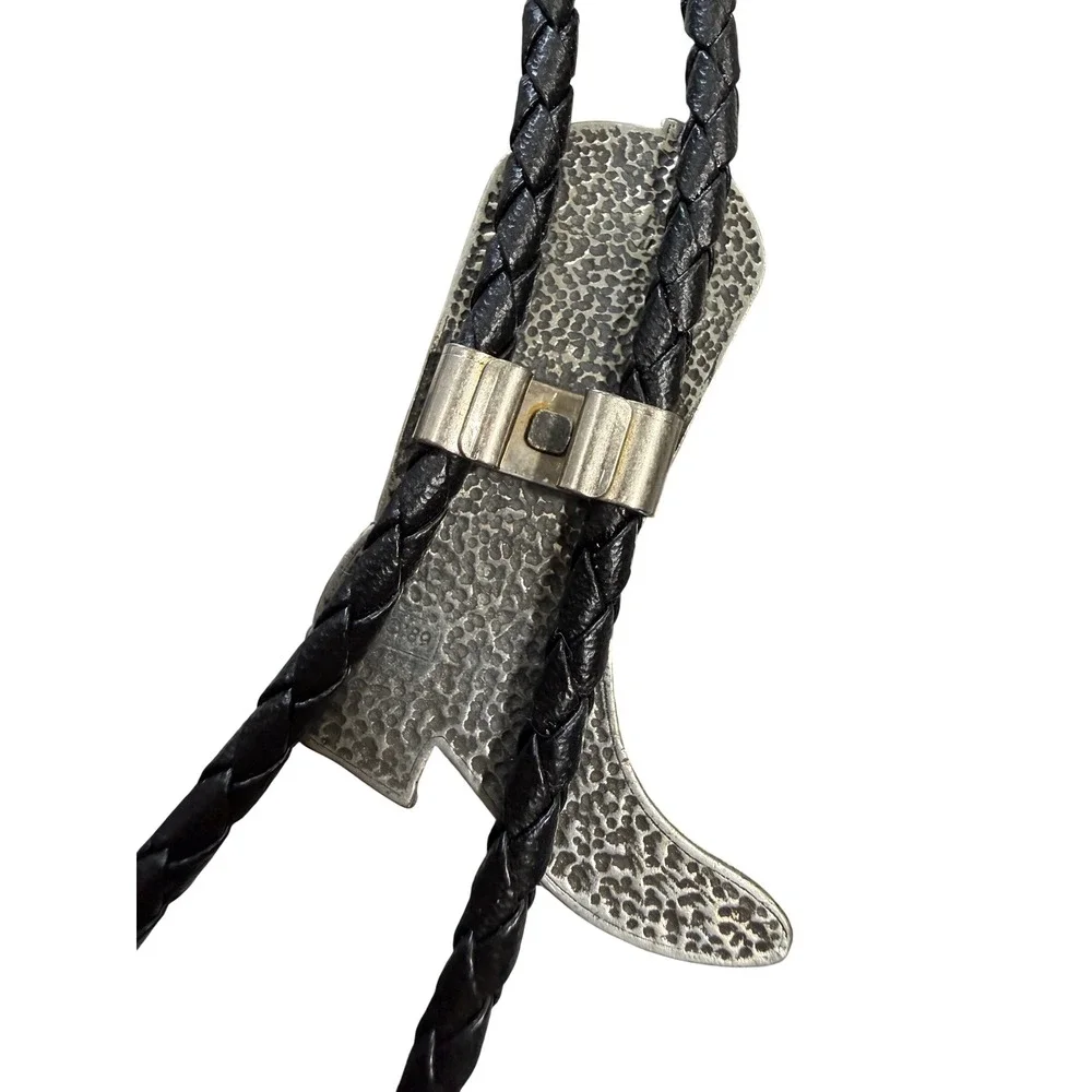 EGE Vintage Western Bolo Tie Cowboy Boot‎ Turquoise Inlay Silver Tone Black Cord
